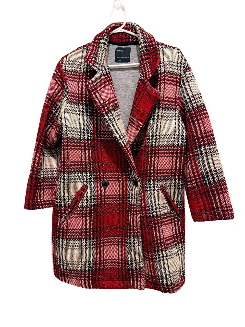 Bershka Red Plaid Tartan Check Double Breasted Longline Pea Coat Jacket M-L